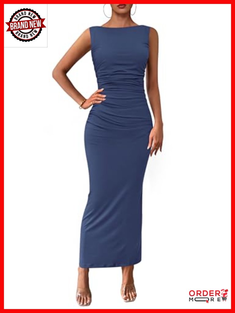 Viscose Blend Sleeveless Ruched Bodycon Midi Dress With Back Slit